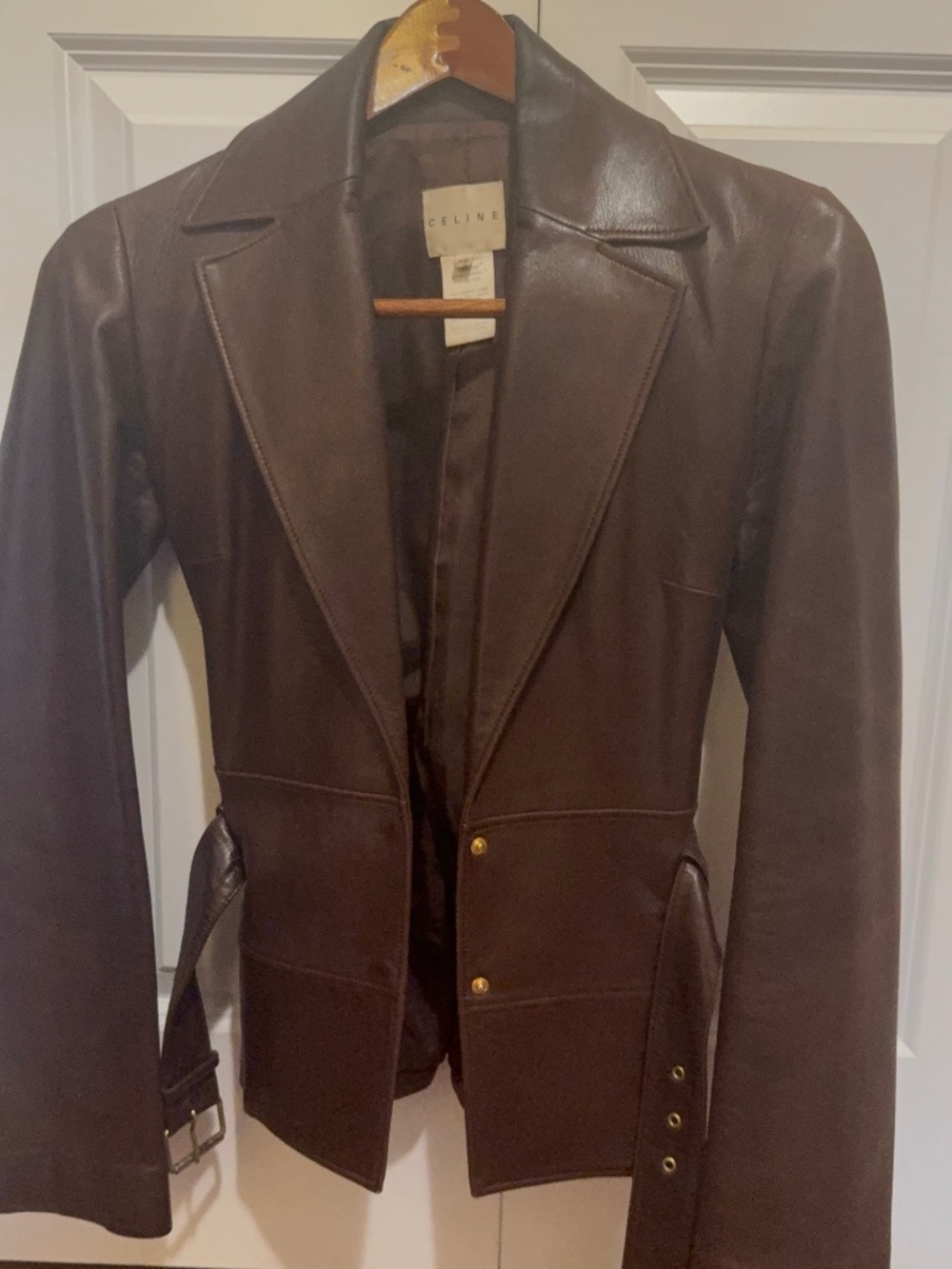 Céline Vintage Brown Leather Jacket Blazer size 36 tailored belted designer